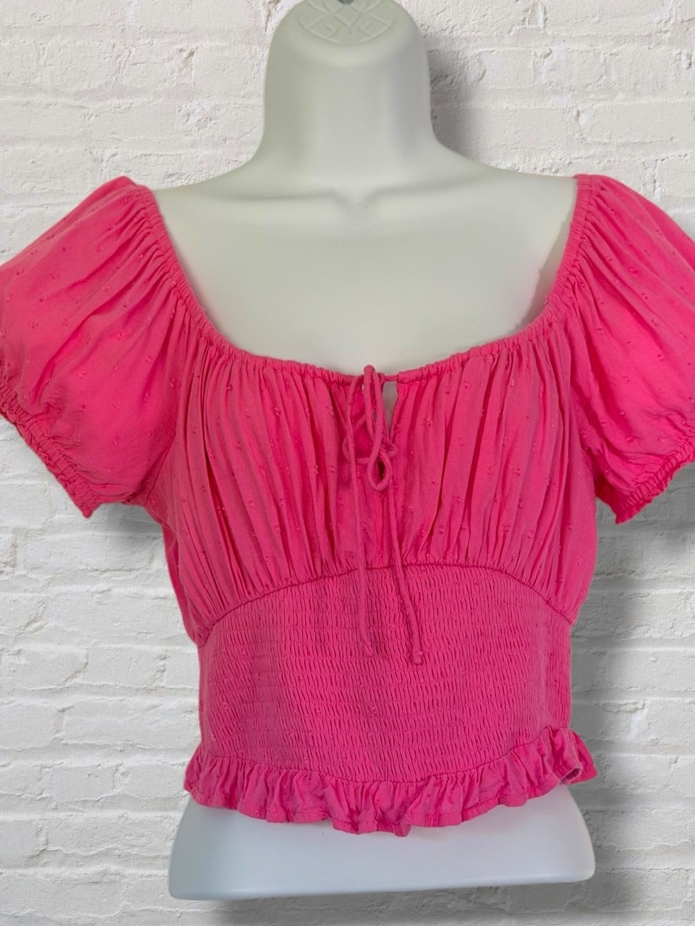 Hollister Smocked Puff Sleeve Crop Top Womens Large Pink Square Neck Cottagecore - Picture 2 of 8